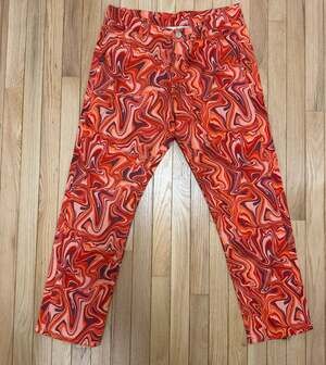 Womens Psychedelic Swirl Print Jeans Size 34 Orange Pink Stretch Retro 70s Pants